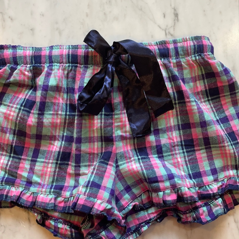 Teal, pink, purple, cozy plaid silk bow ruffle pajama bottoms.